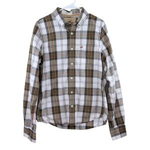 Hollister Mens Plaid Button Down Shirt L White Olive Green Long Sleeve‎ Preppy